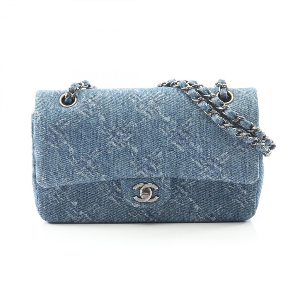 Chanel Coco Mark Double Flap Shoulder Bag Denim Blue